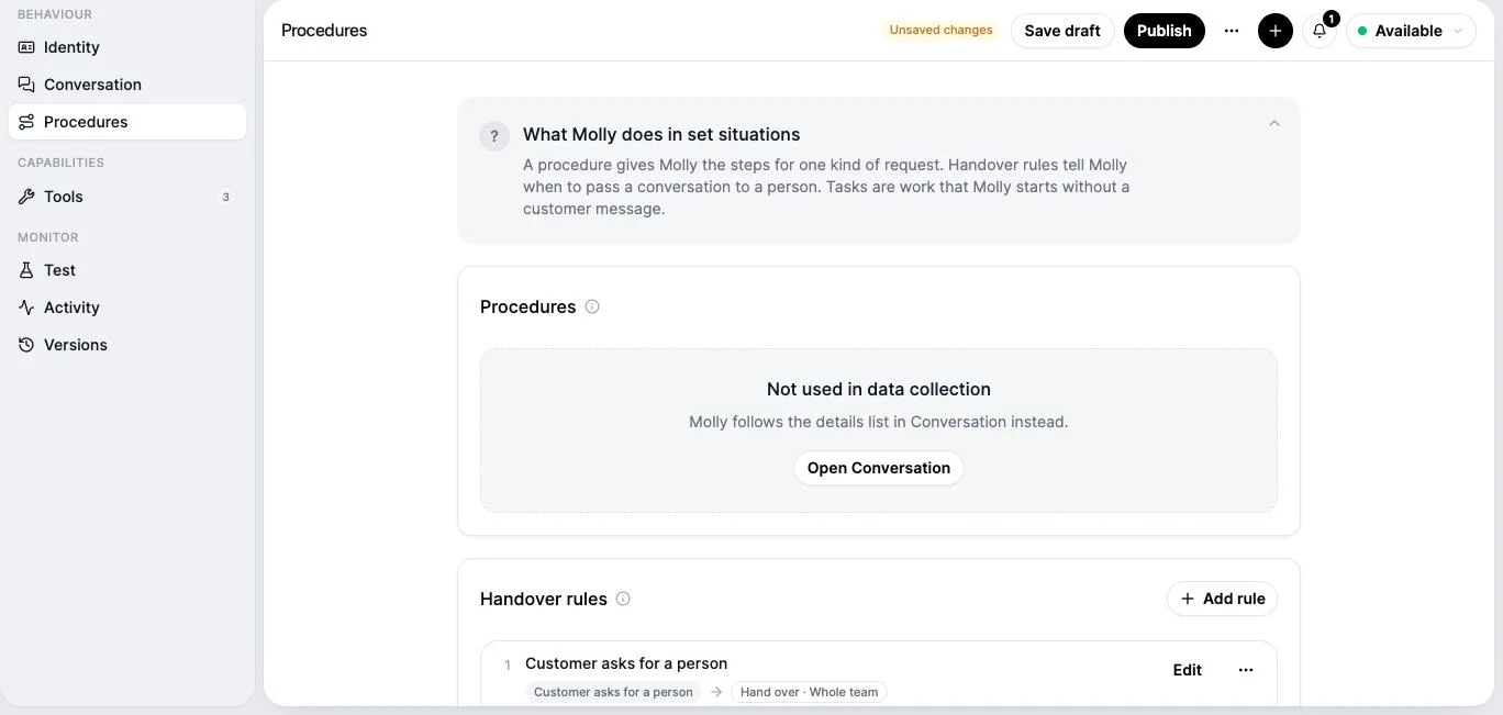 The Line agent creator, Procedures section: procedures for set situations and a handover rule that passes the conversation to the team when the customer asks for a person