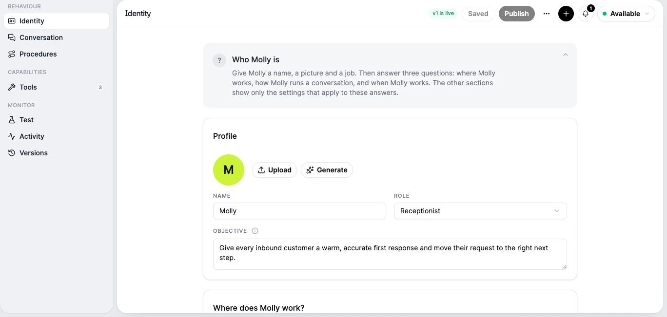 The Line agent creator, Identity section: the receptionist's picture, name, role and objective, with the sections Identity, Conversation, Procedures, Tools, Test, Activity and Versions